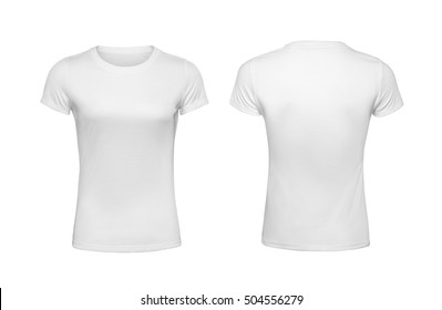 Blank white female t-shirt, front and back isolated on white with clipping path