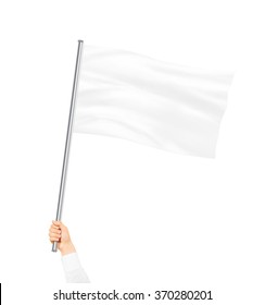 Blank White Flag Mock Up Isolated Holding In Hand. Large Wavy Flagpole Mockup Ready For Logo Design Presentation. Surrender Symbol Empty Banner. Pole Flag Hold In Hand. Surrending Clear Signpost.