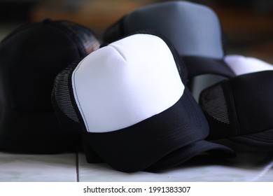 Blank White Foam And Black Mesh Trucker Hat On Background Mockup