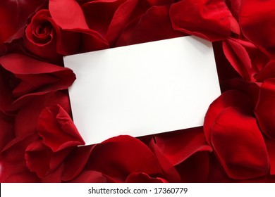 Blank White Gift Card On A Bed Of Red Rose Petals, Ready For Your Message.