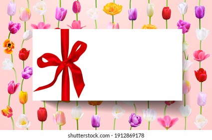 Blank white gift card with red ribbon on floral background (tulip flowers in vertical lines). Holiday romantic backdrop design of Gift Certificate, Voucher, Birthday, 8 March International women’s day - Shutterstock ID 1912869178