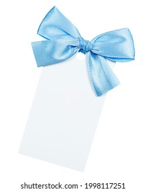 Blank White Gift Tag With Light Blue Bow On Isolated White Background