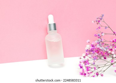 Blank white glass dropper bottle packaging with aromatic oil or serum,water drops,little flowers twig on pink background.Natural organic Spa Cosmetic product design mockup.Front.flat lay,copy space