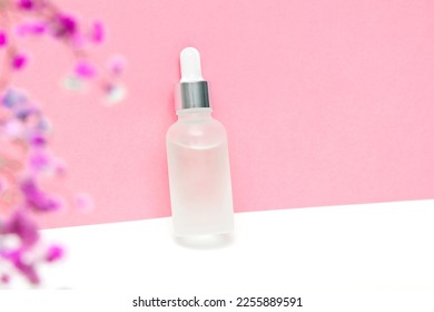 Blank white glass dropper bottle packaging with aromatic oil or serum,water drops,little flowers twig on pink background.Natural organic Spa Cosmetic product design mockup.Front.flat lay,copy space