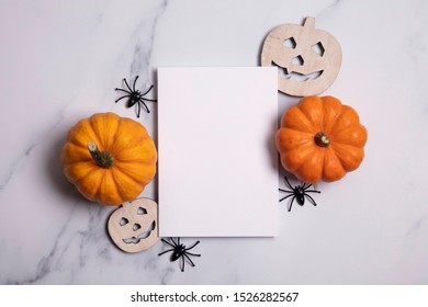 Blank White Halloween Card With Pumpkins And Spiders. Poster Invitation Mockup