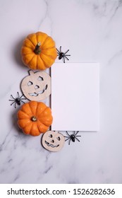 Blank White Halloween Card With Pumpkins And Spiders. Poster Invitation Mockup