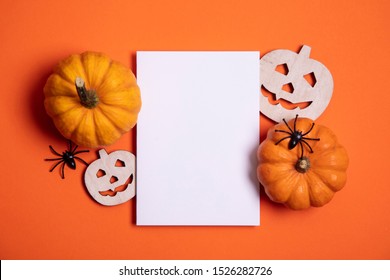 Blank White Halloween Card With Pumpkins And Spiders. Poster Invitation Mockup