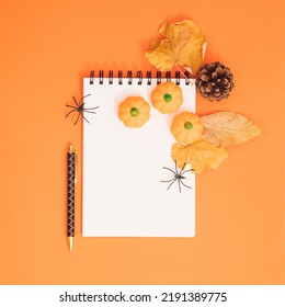 Blank White Halloween Card With Pumpkins And Spiders On Orange Background. Poster Invitation Mockup.