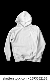 Blank White Hoodie Sweatshirt Front View On Black Background.