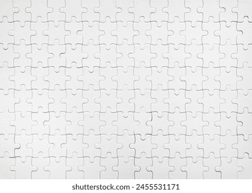 Blank white jigsaw puzzle pattern as mockup background, top view