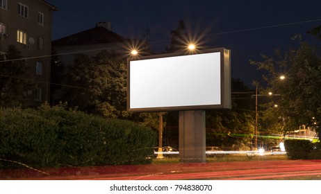 Blank White Mock Up Of Billboard On Street At Night