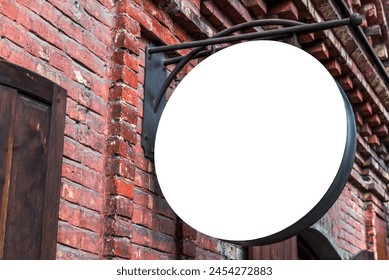 Blank White Mockup Of Street Store Vintage Signboard On An Old Red Brick Wall. Empty Round Retail Sign For Logo Or Brand