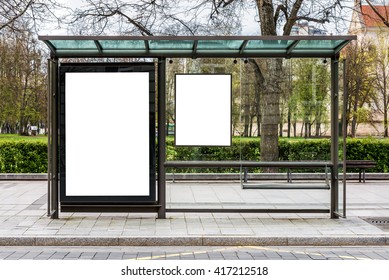 Blank White Mockup Of Vertical Poster Billboard In A Bus Stop