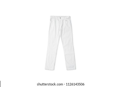 Blank white pants lying mock up, front view, isolated. CLear trousers mockup. Empty breeches with a button template. Cloth jeans design presentation