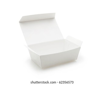 Blank White Paper Box With Lid Open , Often Used In Fast Food Packaging.