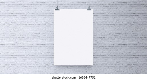 Blank White Paper Hanging On Brick Wall. Poster Clips Empty Template Mockup.