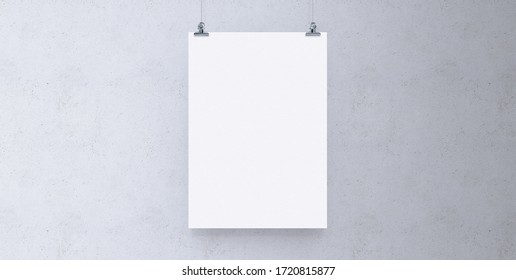 Blank White Paper Hanging On Brick Wall. Poster Clips Empty Template Mockup.