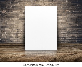 Blank White Paper Poster At Grunge Brick Wall And Wood Floor,Mock Up Template For Adding Your Content Or Design,Business Presentation