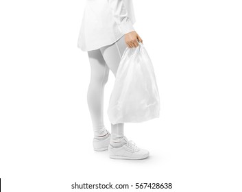 Blank White Plastic Bag Mockup Holding Hand. Woman Hold Space Carrier Sac Mock Up. Disposable Bagful Branding Template. Shopping Carry Package In Persons Arm. Promotional Packet For Logo Branding.