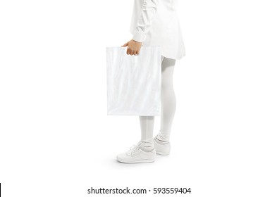 Blank White Plastic Bag Mockup Holding Hand. Woman Hold Clear Carrier Sac Mock Up. Plain Bagful Branding Template. Shopping Carry Package In Persons Arm. Promotional Packet For Logotype Branding.