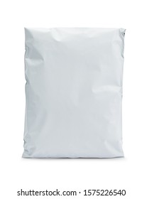 Blank White Plastic Bag Package Mockup Template Isolated On White Background With Clipping Path.