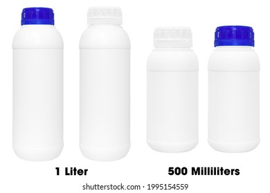 Blank white plastic bottles with white and blue caps on white background - bottle 1 liter and 500 milliliters with blue cap - bottle 1 liter and 500 milliliters with white cap