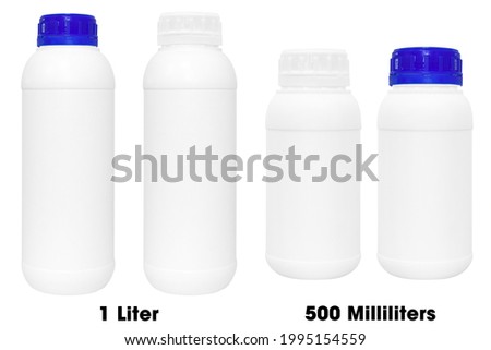 Blank white plastic bottles with white and blue caps on white background - bottle 1 liter and 500 milliliters with blue cap - bottle 1 liter and 500 milliliters with white cap