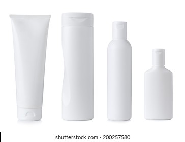 Blank white plastic cosmetics bottles set, isolated on white background