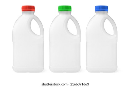 Blank White Plastic Milk With Red, Blue, Green Cap Jug Isolated On White Background. Packaging Template Mockup Collection. With Clipping Path Included.