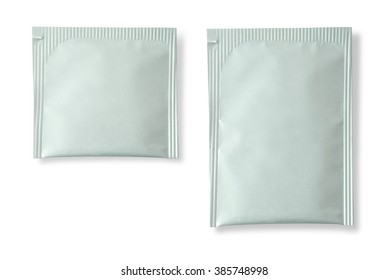 Blank white plastic sachet for medicine, drugs, coffee, sugar, salt, spices, isolated on white background . 