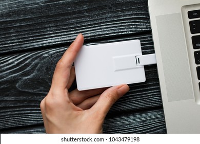Blank White Plastic Wafer Usb Card Design Mockup Holding Hand. Visiting Flash Drive Namecard Mock Up.Call-card Disk Souvenir Presentation. Flat Wallet Credit Stick Adapter.