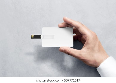 Blank White Plastic Wafer Usb Card Design Mockup Holding Hand. Visiting Flash Drive Namecard Mock Up. Call-card Disk Souvenir Presentation. Flat Wallet Credit Stick Adapter. Bussiness Favor In Man Arm