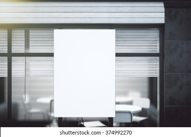 Blank White Poster On Transparent Wall In Modern Conference Office, Mock Up