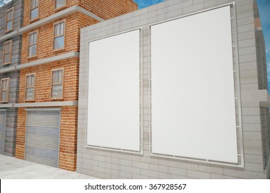 Blank White Posters On Grey Brick Wall On The City Street, Mock Up 3D Render