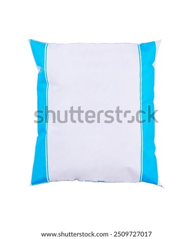 Blank white pouch packaging with blue stripes is lying on a white background