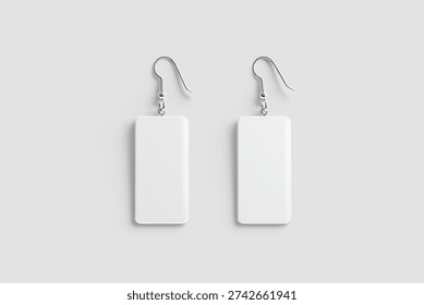 Blank white rectangle earring mockup pair lying, top view, 3d rendering. Empty jewellery precious eardrop for elegance lady mock up, grey background. Clear boho or dangle ears accessories template.