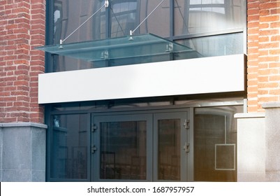 Blank White Rectangular Box Store Entrance Mockup, Glass Brick Wall. Empty Exterior Billboard For Clinic Or Bank Advertising Mock Up. Clear Shop Or Restaurant Cityboard Mokcup Template.