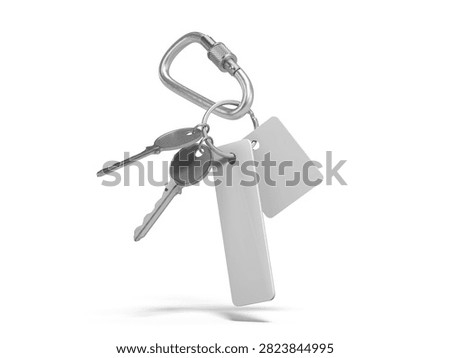 Blank white rectangular and square keychain mockup with metal keys and carabiner on neutral background