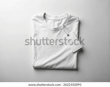 Blank white rectangular tag attached to a neatly folded white t-shirt with a black string, placed on a light gray surface – Fashion and Branding Concept