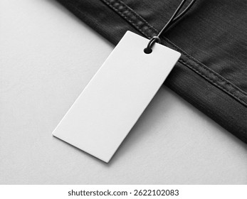 Blank white rectangular tag with a black string attached to dark fabric with visible stitching – Minimalist Branding Concept