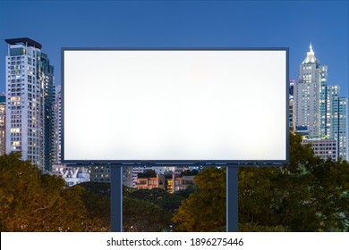 Blank White Road Billboard With Bangkok Cityscape Background At Night Time. Street Advertising Poster, Mock Up, 3D Rendering. Front View. The Concept Of Marketing Communication To Promote Idea.