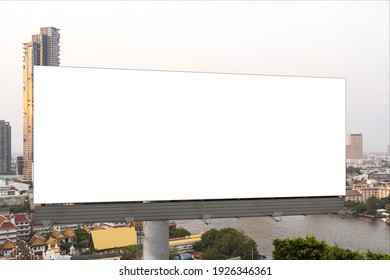 Blank White Road Billboard With Bangkok Cityscape Background At Day Time. Street Advertising Poster, Mock Up, 3D Rendering. Front View. The Concept Of Marketing Communication To Promote Or Sell Idea.