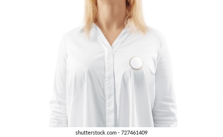 Blank White Round Gold Lapel Badge Mock Up On Woman Chest. 