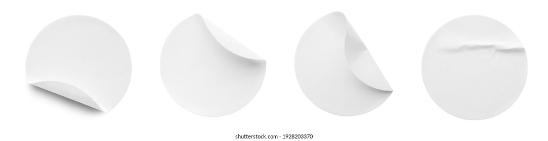 Blank White Round Paper Sticker Label Set Collection Isolated On White Background