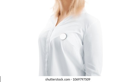 Blank White Round Silver Lapel Badge Mock Up Woman Chest Side View. Empty Hard Enamel Pin Mockup Wear On Shirt. Metal Clasp-pin Medal Design Template. Expensive Curcular Brooch For Logo Presentation