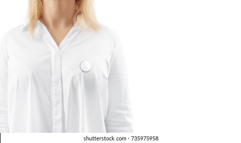 Blank White Round Silver Lapel Badge Mockup On Woman Chest. Empty Hard Enamel Pin Mock Up Wear On Shirt. Metal Clasp-pin Medal Design Template.Expensive Curcular Brooch For Logo Presentation