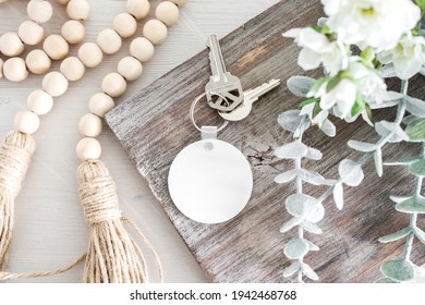 Blank White Round Sublimation Key Chain On Wood Background Mockup