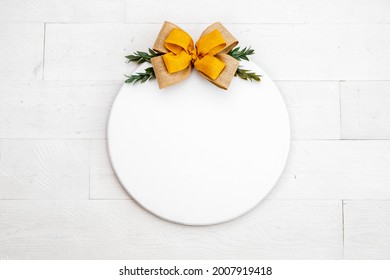 Blank White Round Wood Sign On White Backgound With Yellow Bow, Fall Door Decor Mockup 