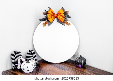 Blank White Round Wood Sign With Halloween Bow And Spooky Decor, Rustic Door Sign Mockup