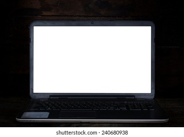 Blank White Screen On The Laptop Computer In Dark Room,low Key And Selective Focus 